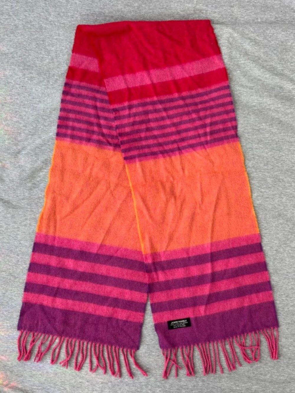 John Hanly Ireland 100% Extra Fine Merino Wool Scarf Striped Pink Orange Magenta
